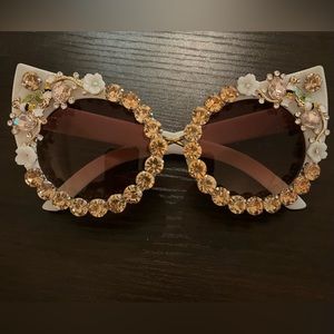 White base pink gem stones oversized cat eye sunglasses